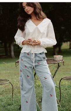 The Wholesome Store Size 26 Cherries Cargo Jeans Pants Light Blue Denim Wide Leg
